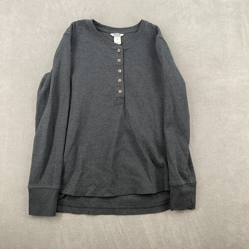 Duluth Trading Co. Henley Shirt Mens M Gray Thermal Waffle Knit Texture High Low